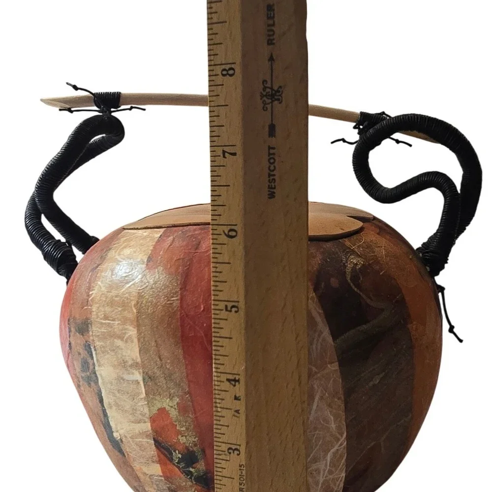 Artisan Handmade Gourd Decorative Vessel with Leaf Lid and Coiled Handle signed